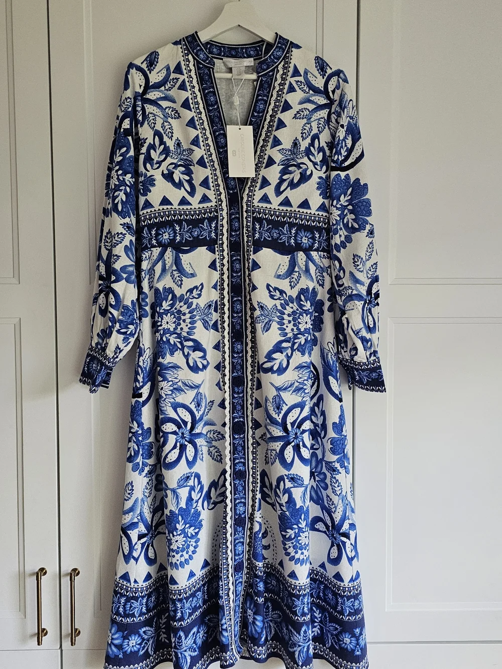 Caroline Constas Blue & White Floral Tapestry Lenzing Trim Linen Dress NWT $360 - Picture 1 of 8